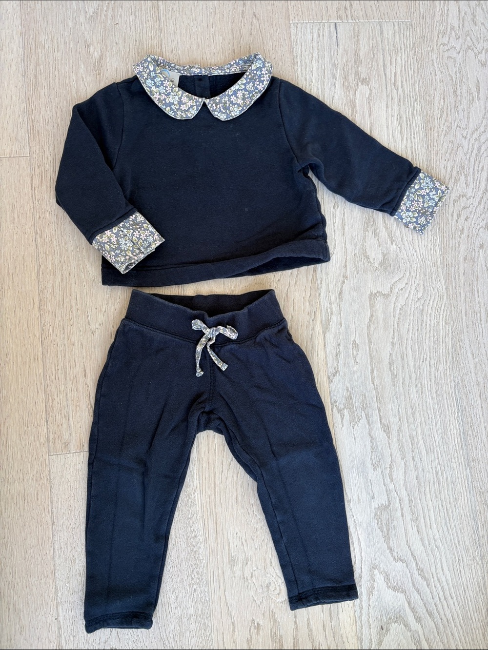 Girls Navy Knit Top & Jogger Set with Floral Trim